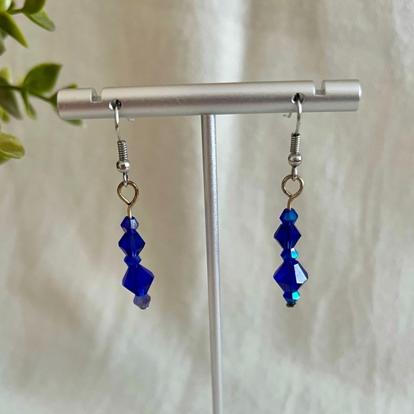 Handmade Iridescent Blue Beaded Earrings - Picture 2 of 3